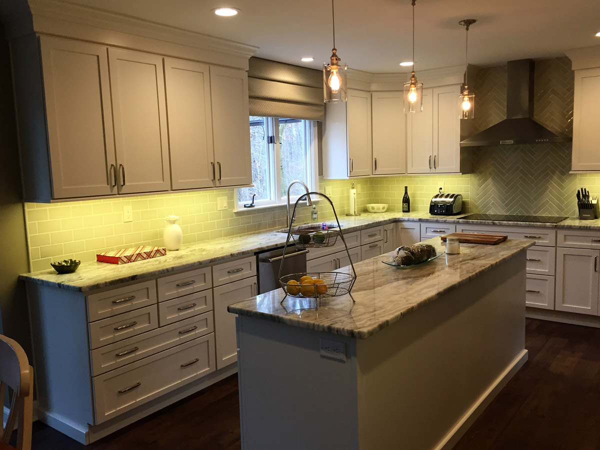 New remodeled kitchen with upgrades including custom woodwork and granite counter tops in Chester County, PA